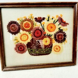 Floral Embroidery Art in Wooden Frame